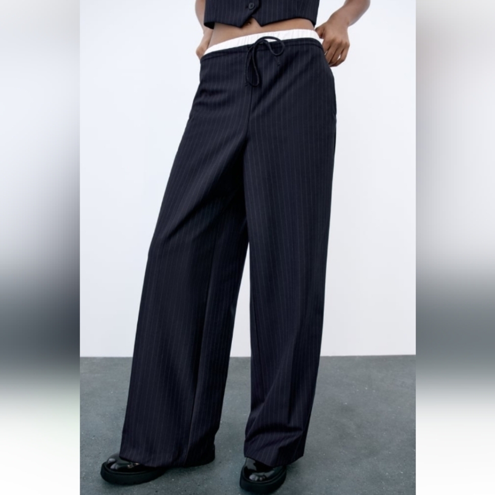 NWT Zara Navy Pinstripe Straight-Leg Pants - Picture 3 of 13